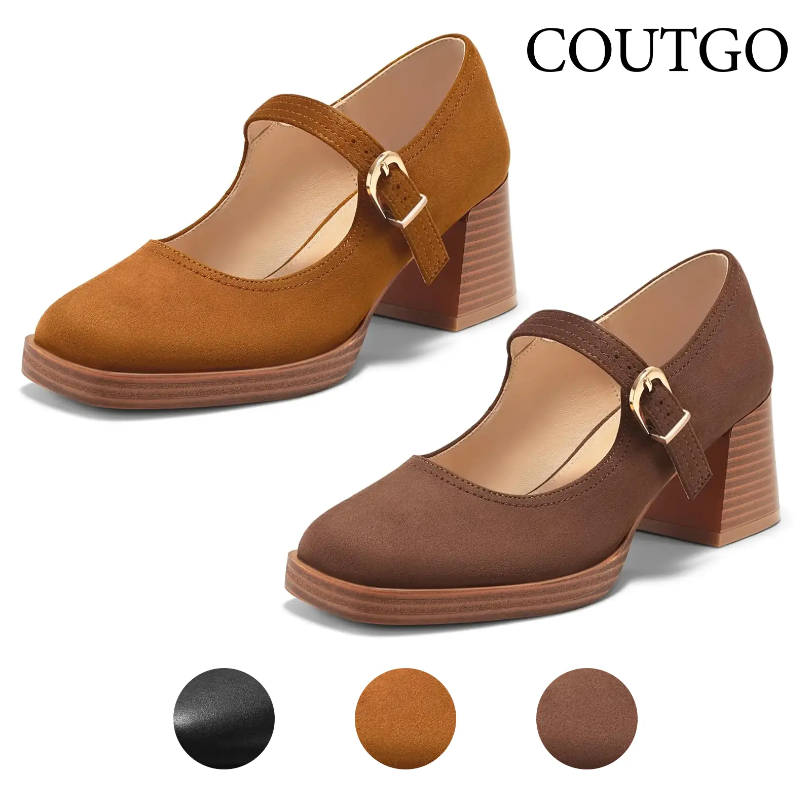 Coutgo Womens Chunky Heels Mary Jane Dress Shoes Square Toe Buckle Pumps | 2.5-Inch Stacked Heel, Block High Heels, Platform, Comfortable, Adjustable Strap, Vintage, Slip On, Work, Casual