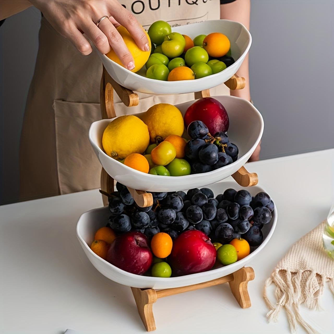 Colorful Fruit Basket Set with Wooden Stand, Plastic Bowls, Cake Stands, Biscuit Plates, Candy Buffet, Dessert Table Display, Perfect for Weddings & Parties