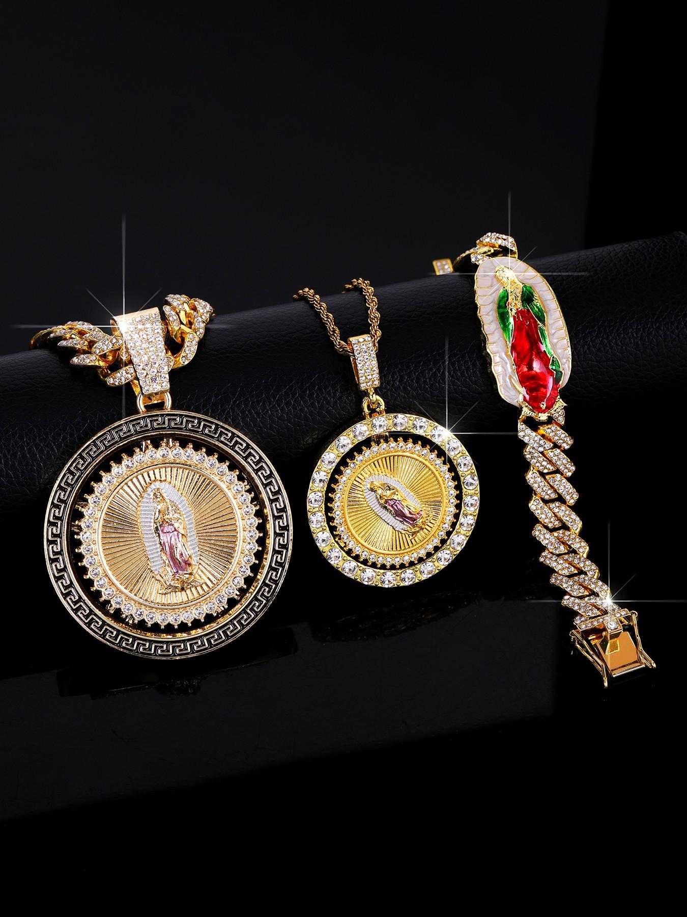 3pcs/set Men's Jewelry, Hip Hop Style Virgin Mary Pendant, Stacking Necklace & Bracelet Set, Iced Out Blingbling, Punk Style Accessory
