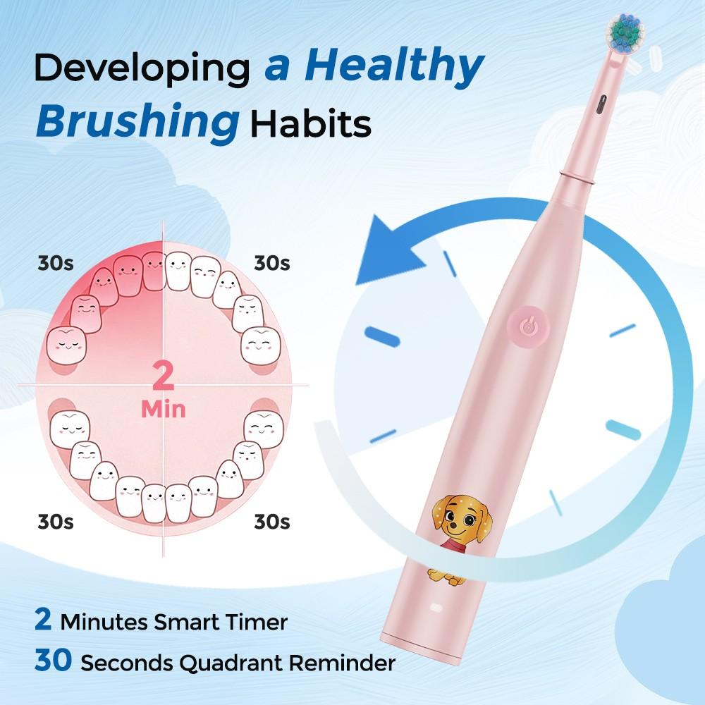 Rotating Childrens Electric Toothbrush, Rechargeable Toothbrush, 5 Speed Settings, Cartoon Kids Teeth Cleaning Brush with 4 Replacement Heads