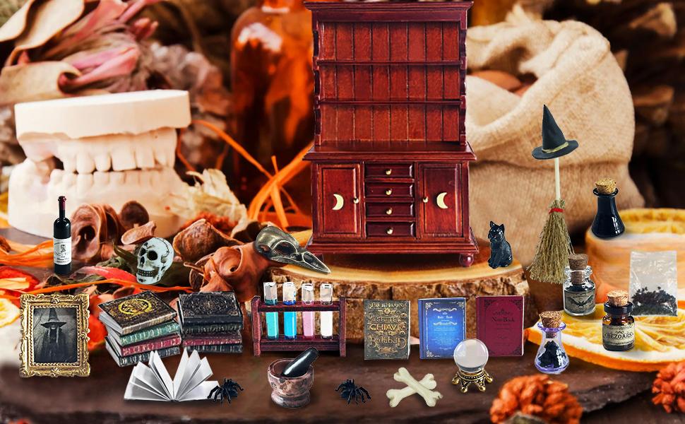 BEIREG Dollhouse Miniatures 1/12 Scale Accessories Handmade Wooden Bookshelf Furniture Set with Magic Bottle Potion Mini Bookcase Unique Black Friday Christmas Gift Decorations for Kids Gifts Playset christmas doll house
