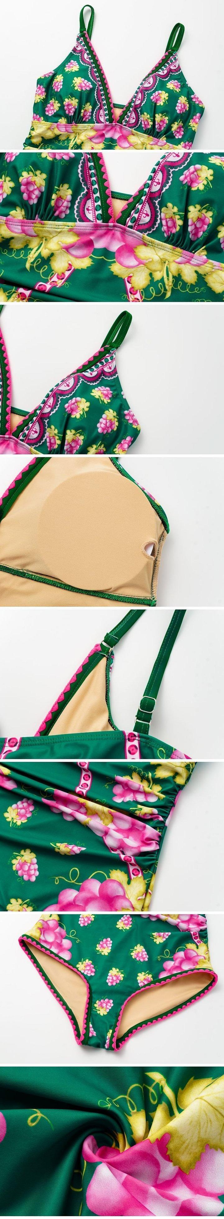 FLAXMAKER Women's Green Grapes Print V Neck One Piece Swimsuit and Matching Cover Skirt Set Beach Swimwear Swimdress Swimset Bathing Suit Stylish Beachwear #TikTokShopBlackFriday