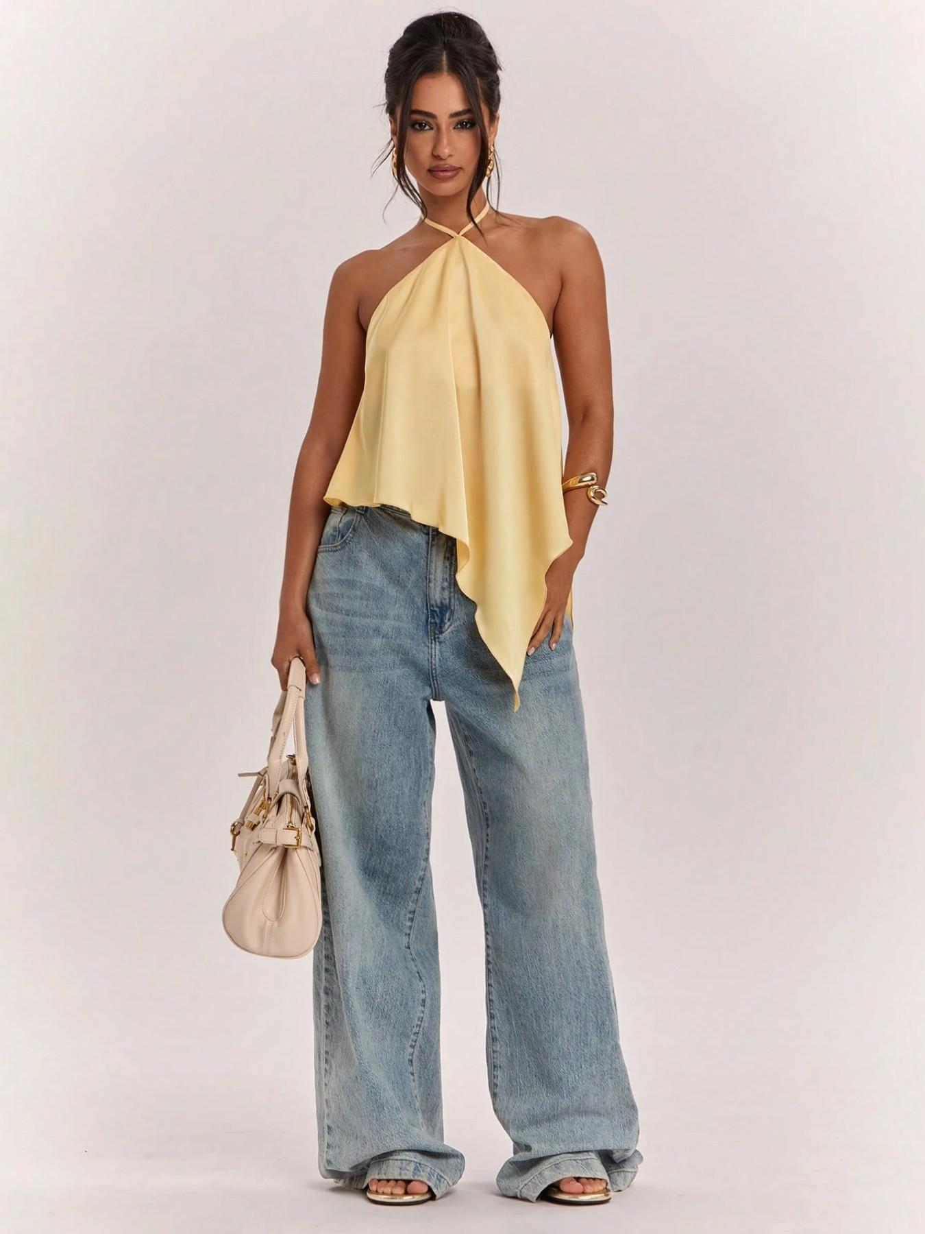 Chic Light Halter Neck Tie Backless Top, Spring & Summer New Arrival, Perfect for Dates and Outings, Fit