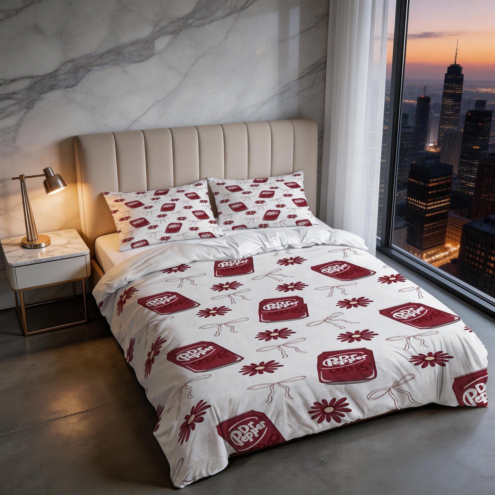 2/3 Piece Dr Pepper Duvet Cover Set, 1 Duvet Cover + 1/2 Pillowcases (NO FILLING INCLUDED), Retro Soda Drink Themed Bedding, Cute Floral Bedroom Decor for Soda Lovers, Ideal Gift for Dr Pepper Fans