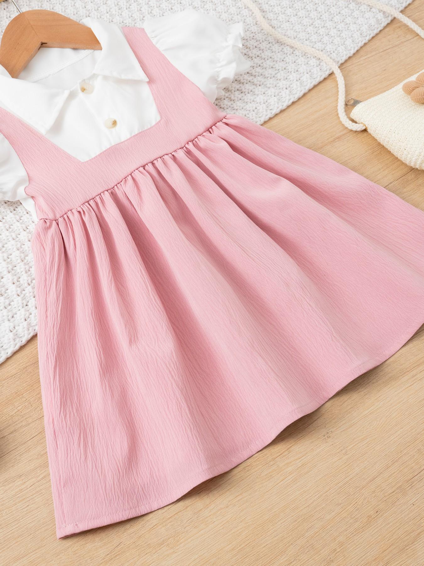 2pcs Girls' Summer Fashion Dress, Frilled Dress, Solid Colored Dress, Pure Color Princess Style, Sweet and Cute Design, Lapel Collar, Casual Wear for Kids