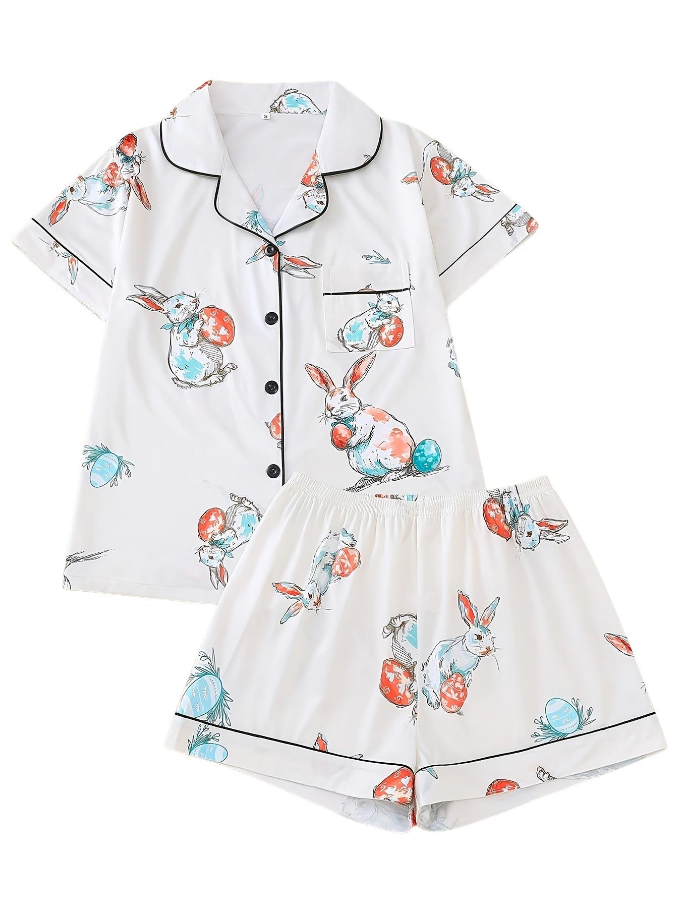 Easter 2 Piece Women's Pajama Set with Rabbit and Egg Print, Short Sleeve Button-Up Top and Loose Stretch Shorts, Casual Comfortable Sleepwear for Holidays and Everyday Wear