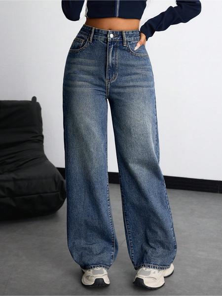 New Trendy Fashion Women's Straight Leg Wide-Leg Classic Versatile Elastic Comfortable Washed Denim Jeans, All Seasons Casual Wear, Bottoms