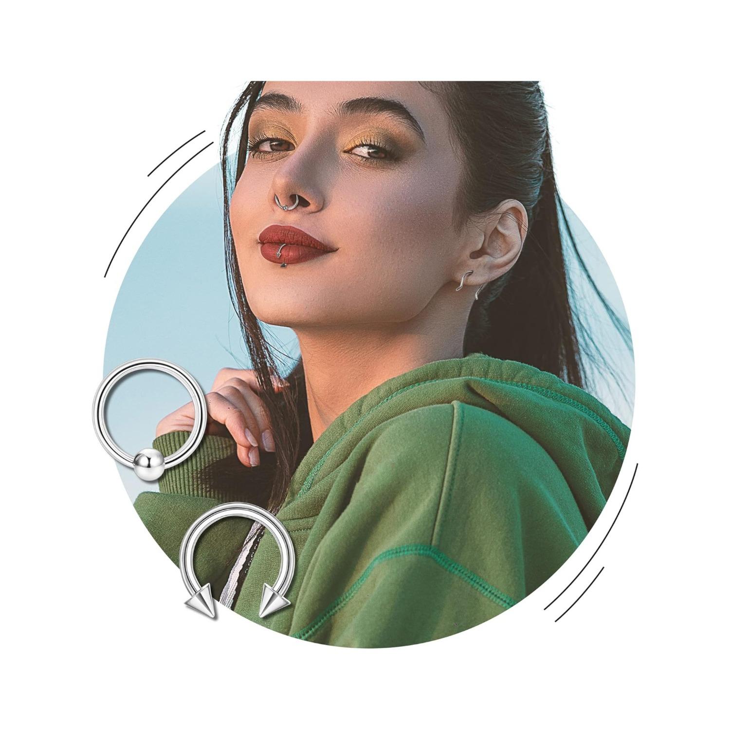 30Pcs 16G Septum Rings Stainless Steel Piercing Jewellery, Silver Horseshoe Nose Hoop Ring 10mm, Helix Daith Cartilage Earrings Smiley Jewellery for Men Women