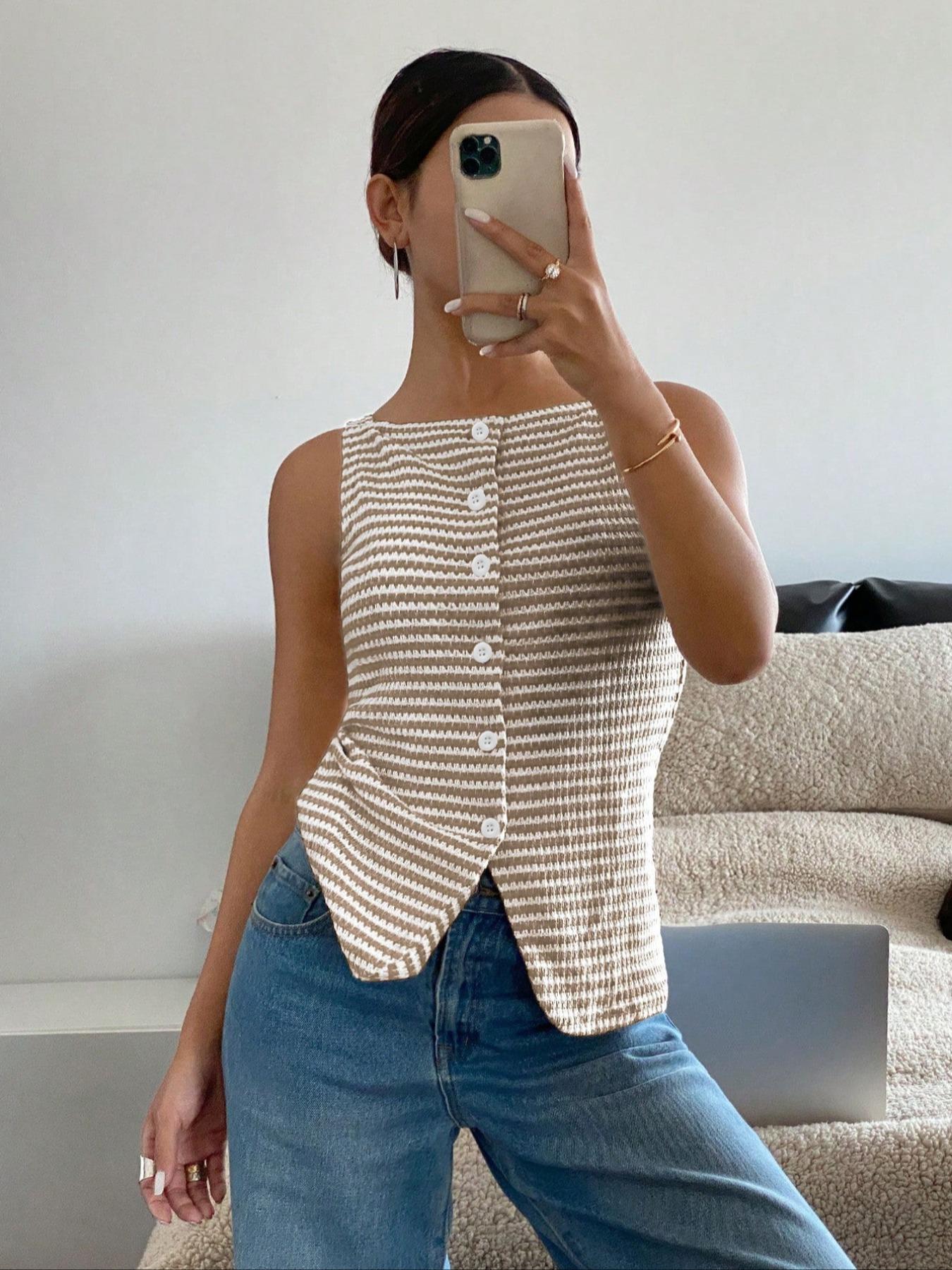 Women's Button Stripe Vest Jacket, Elegant Casual Fitted Sleeveless Top for Daily Wear, Ladies Clothes for Summer