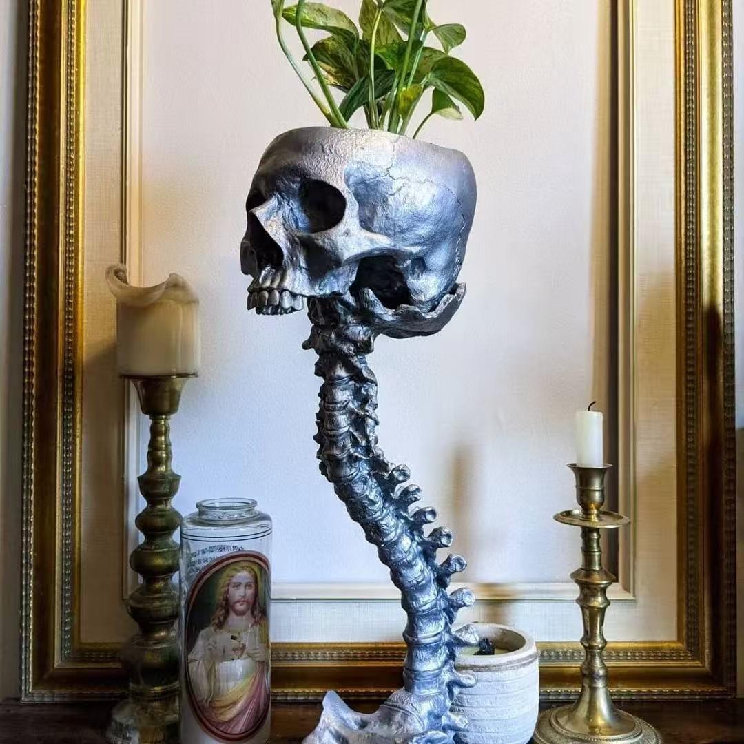 Human Skeleton Skull Planter & Spine Stand, Gothic Flower Pot, Halloween Home Decoration, Unique Decorative Item for Festive Settings