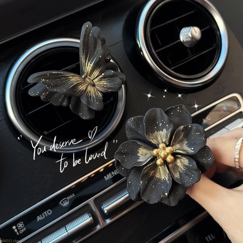 Luxury Car Vent Diffuser, Clip-on Mineral Stone Air Freshener with Camellia & Butterfly, Fragrant Ornament for Odor Control, Fragrance, Porous