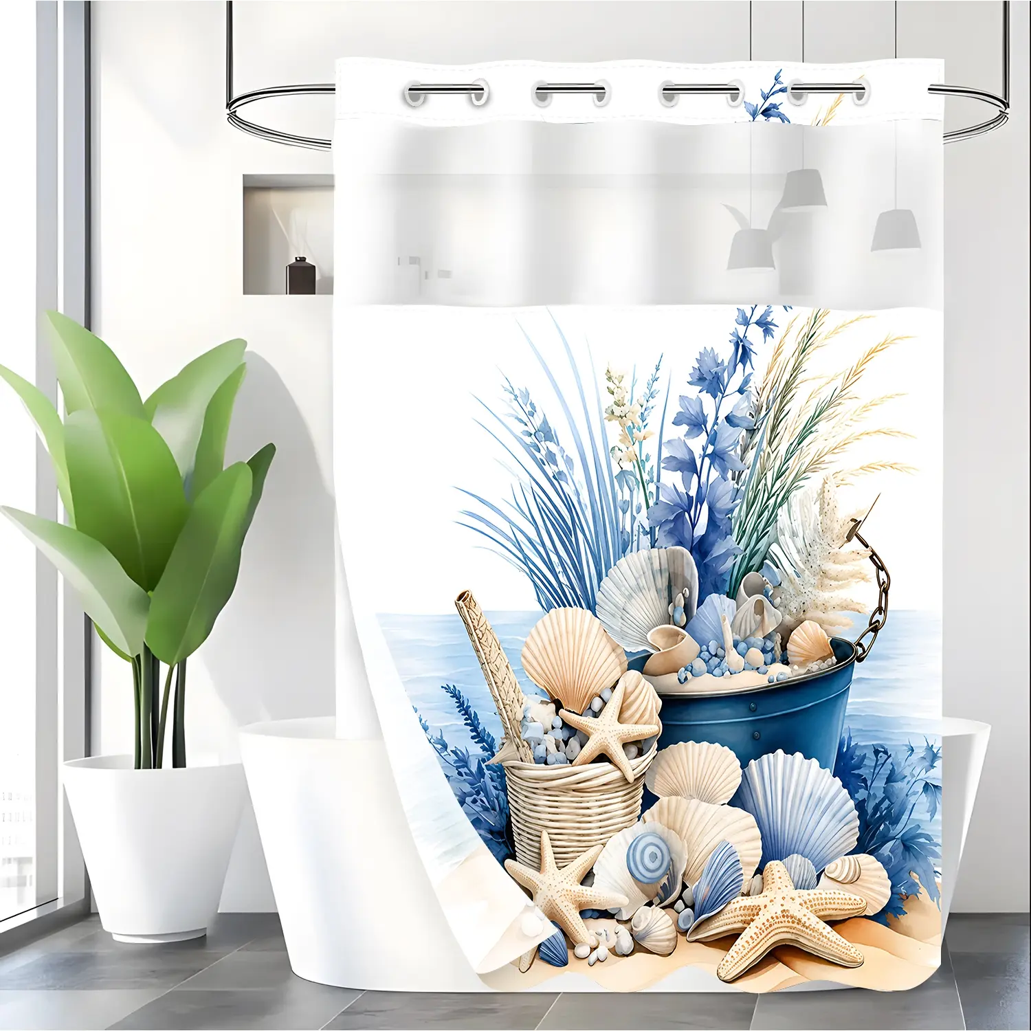 LVRLVR 1pc Coastal Nautical Blue Seashell Starfish Summer Bathroom Aesthetic Shower Curtain, Beach Watercolor Print, Sheer Top Window, Detachable Liner & No Hook C-Ring, 70.8" x 74"