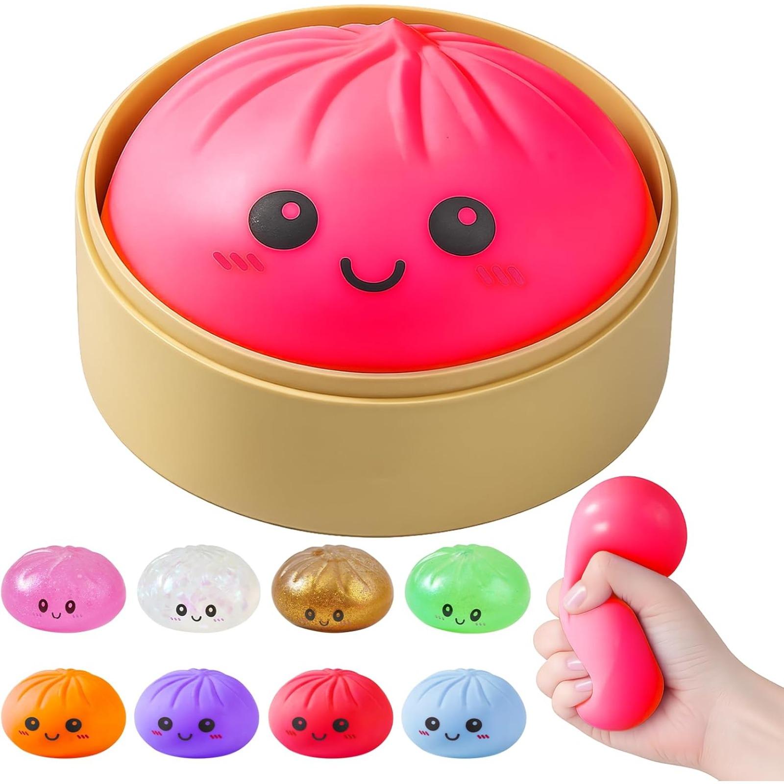 Dumpling Squishies, Glitter Dumpling Mystery Box, Colorful Dumplings Stress Balls Fidget Sensory Toy, Stocking Stuffers with Food Steamer Stretchy Desk Toys (Blue)