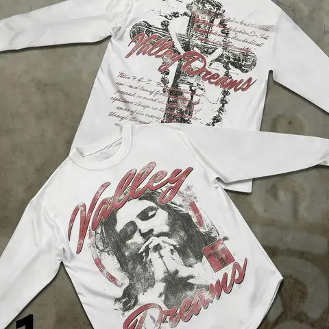 Men's White "Valley Dreams" Spiritual Long Sleeve Shirt, Retro Distressed Print, Relaxed Fit, Trendy Inspirational Faith-Based Streetwear for Casual Outings