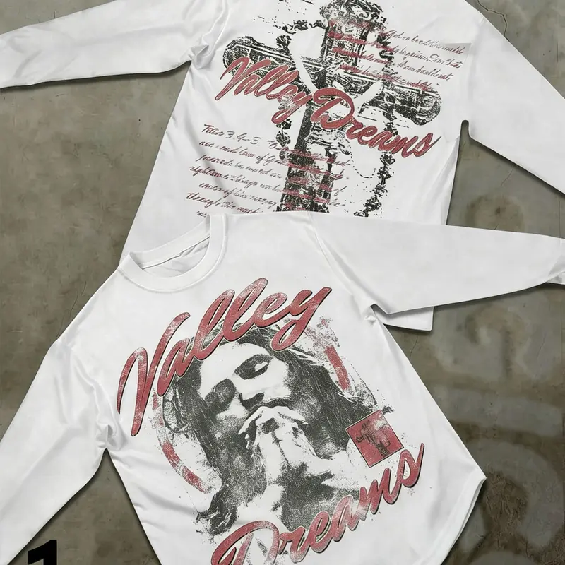 Men's White "Valley Dreams" Spiritual Long Sleeve Shirt, Retro Distressed Print, Relaxed Fit, Trendy Inspirational Faith-Based Streetwear for Casual Outings