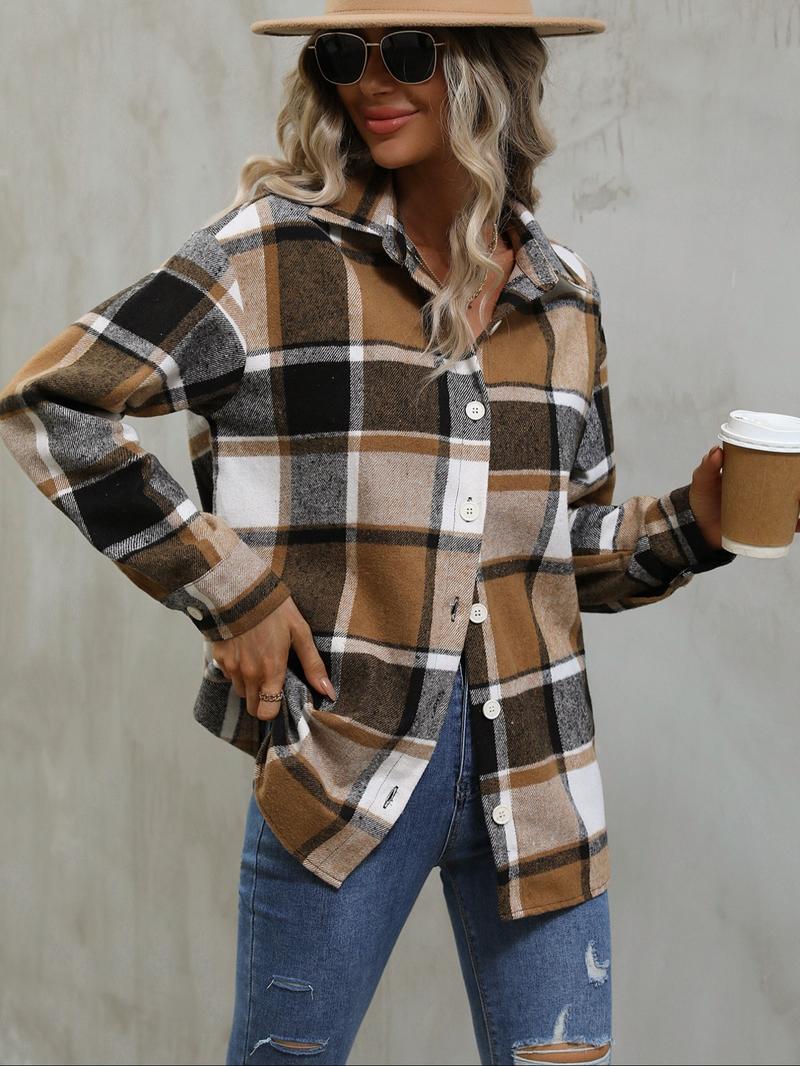 Women's Plaid Print Button Drop Shoulder Shirt, Casual Long Sleeve Collared Coat for Daily Wear, Ladies Clothes for All Seasons