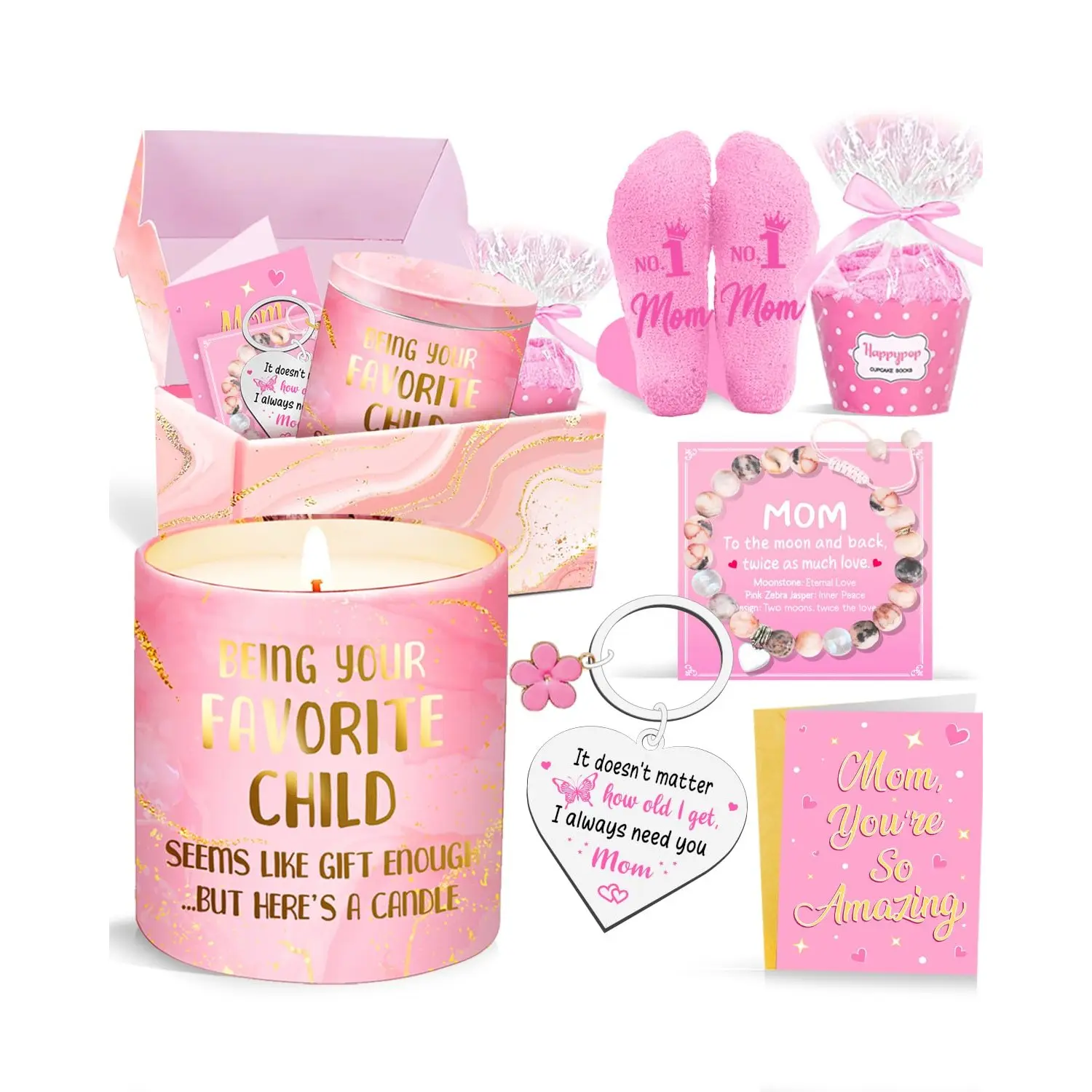 Mothers Day Gift for Mom - Gift Set with Scented Candle, Bracelet, Socks, Keychain, Greeting Card, Christmas Birthday Presents from Daughter Son