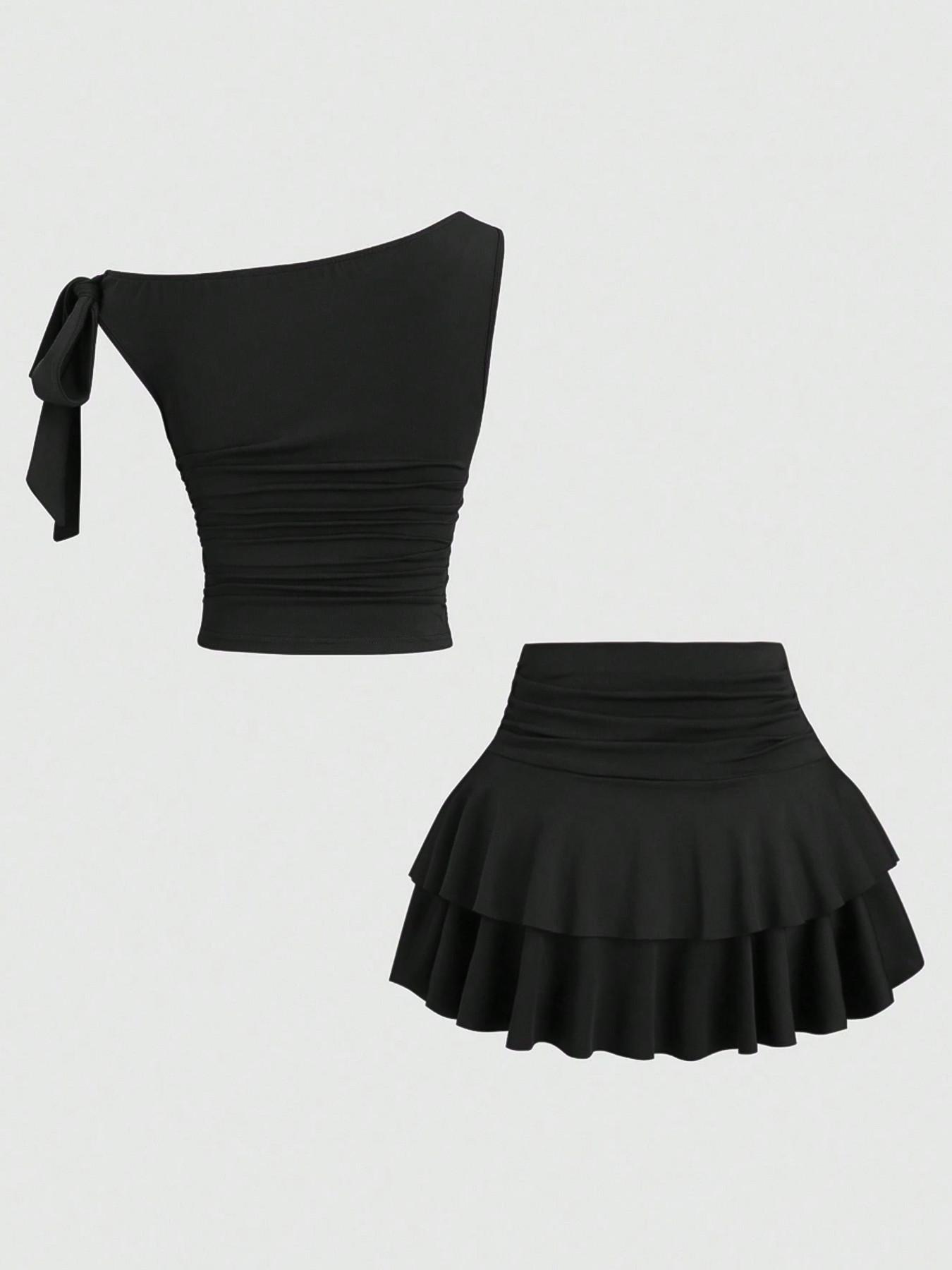 2pcs/Set Women's Summer Metallic Flower Decor Spaghetti Strap Tank Top & Pleated Layered Short Skirt Set，Casual One-Shoulder Bow Pleated Slim Fit Elastic Top with Double Layer Ruffled Skirt Set, Fashionable and Comfortable Shirt Skirt Set