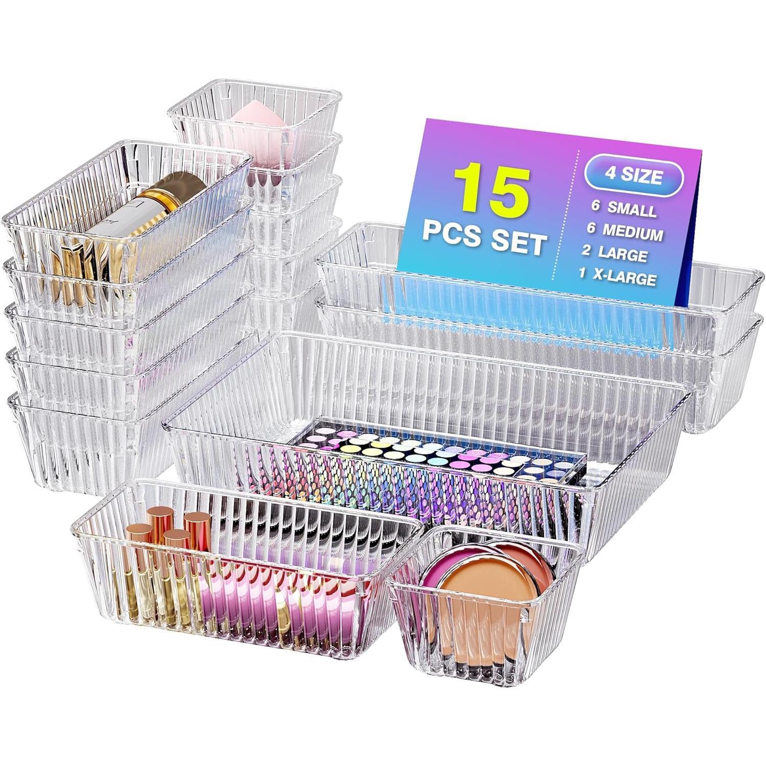 15 count Clear Plastic Drawer Organizer Set, Makeup Organizer Trays
