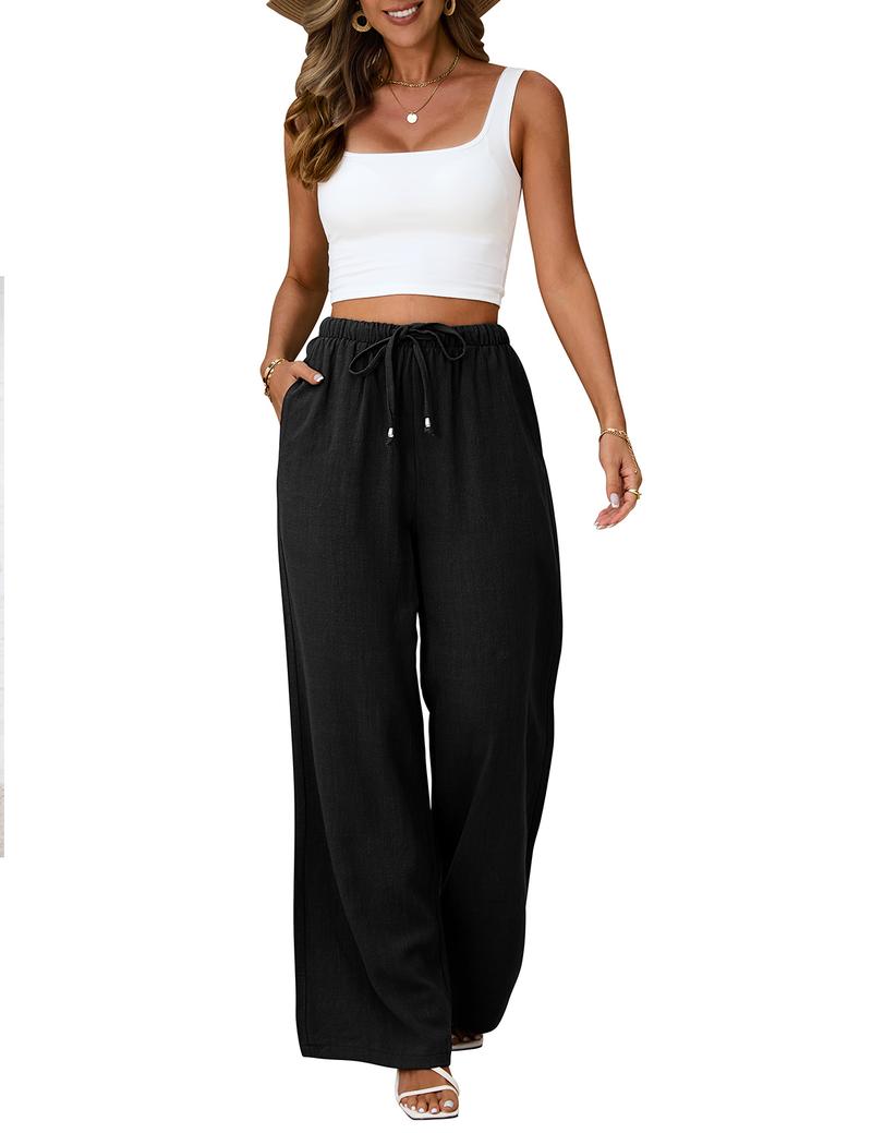 UMIPUBO Shop Womens Linen Pants Casual Wide Leg Pants Summer Palazzo Pants Loose Flowy Beach Pants Drawstring Elastic Trousers Womenswear Womenswear