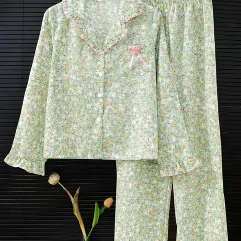Women's Sleepwear Pajama Pyjamas Loungewear Set, Ditsy Floral Pattern Long Sleeve Ruffled Open Front Top & Matching Pants, Elegant Homewear, Casual, 2 Piece