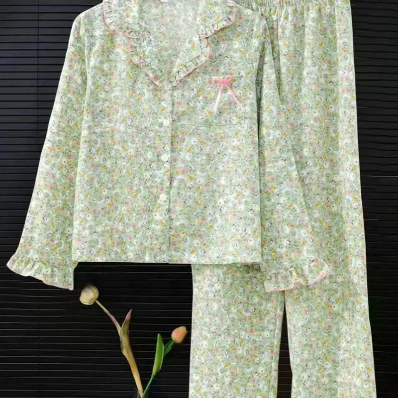 Women's Sleepwear Pajama Pyjamas Loungewear Set, Ditsy Floral Pattern Long Sleeve Ruffled Open Front Top & Matching Pants, Elegant Homewear, Casual, 2 Piece