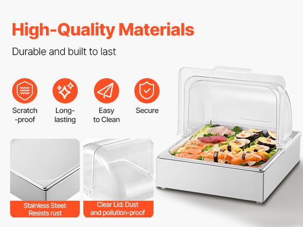 VEVOR Countertop Food Serving Display Container, 1x 1/2 Pan Stainless Steel Food Serving Tray, Buffet Condiment Dispenser Display Rack with Clear Lid Ice Tray, for Restaurant Hotel Kitchen Party