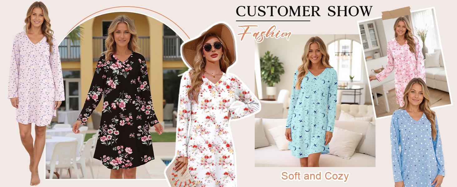 Moo Moos for Women: Marvmys 2-Pack Floral Nightgowns - Soft Long Sleeve Sleepshirt & Lounge Dress, Cozy V-Neck Pullover Sleepwear S-3XL