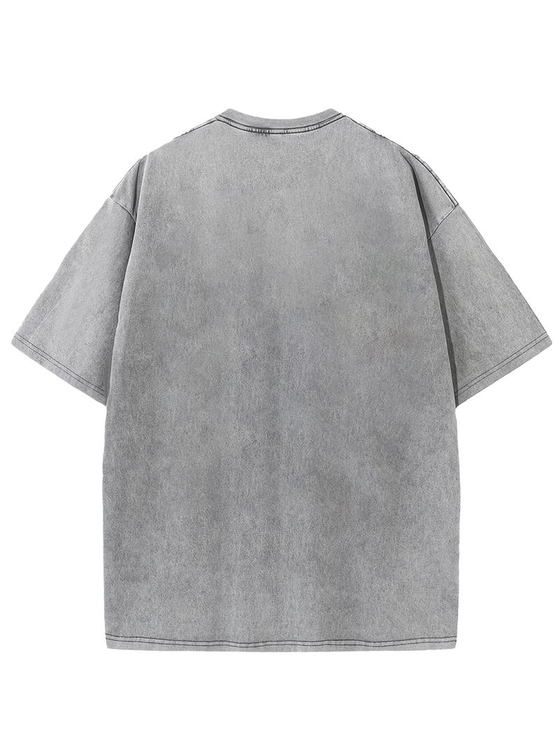 Men's Retro Style Washed Distressed Crew Neck Tee, Regular Fit Casual Comfy Short Sleeve Round Neck T-shirt for Fashion Men's Top, Menswear