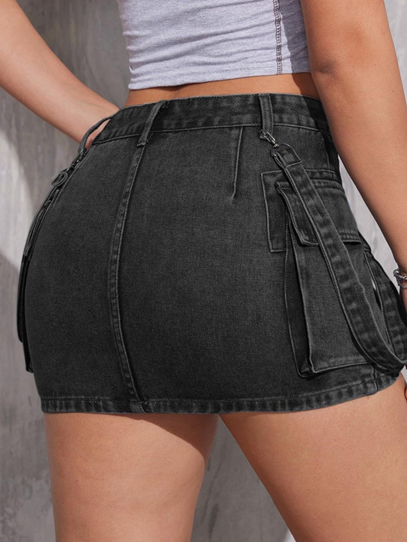 Women's High Waist Y2K Denim Mini Skirt, Dual Pockets, American Style, Multi-Color, Trendy Backless Design, Perfect for Casual Wear