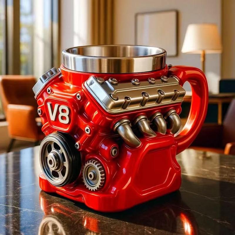 V8 Engine Stainless Steel Coffee Cup, 3D Mechanical Design Dual Layer Insulated Mug with Handle, Vintage Car Gift for Car Enthusiasts