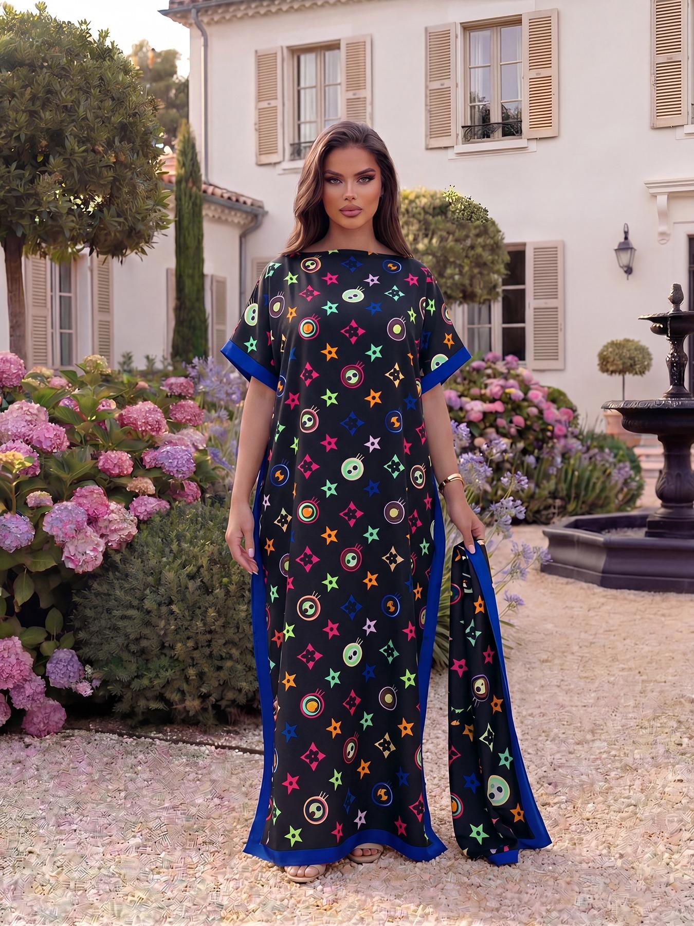 Women's Elegant Chic Geometric Print Robe Set, Long Dress & Scarf Shawl, Beach Sun Protection Satin Silk Matching Set