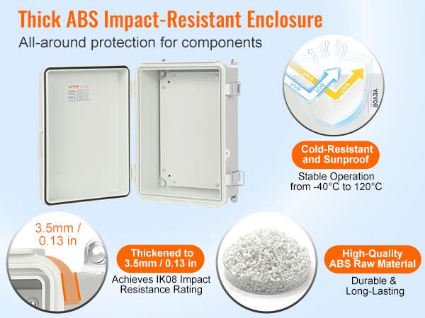 VEVOR Outdoor Electrical Junction Box, 11.81x 7.87x 7.08 in, ABS Plastic Electrical Enclosure Box with Hinged Cover Stainless Steel Latch, IP67 Dustproof Waterproof for Outdoor Electrical Projects