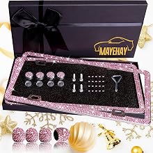 Pink License Plate Frame 2 Packs Bling License Plate Frame for Women Sparkly Diamond License Plate Frames Glitter Bedazzled Rhinestone License Plate Frame with Pink Tire Valve Caps with Giftbox