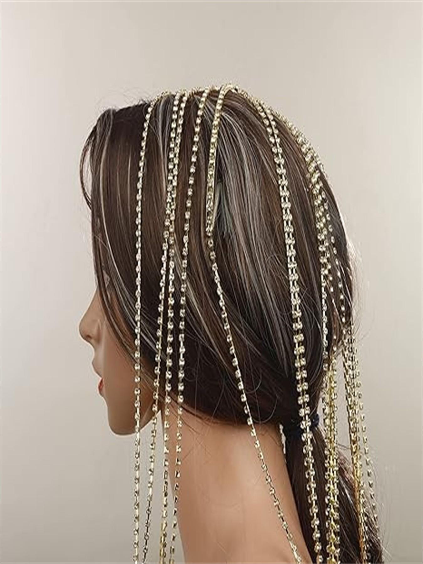 Elegant Silver Color Tennis Chain Headband with Rhinestones and Long Tassels, Crystal Hair Band for Wedding Bride Party Ball Gown