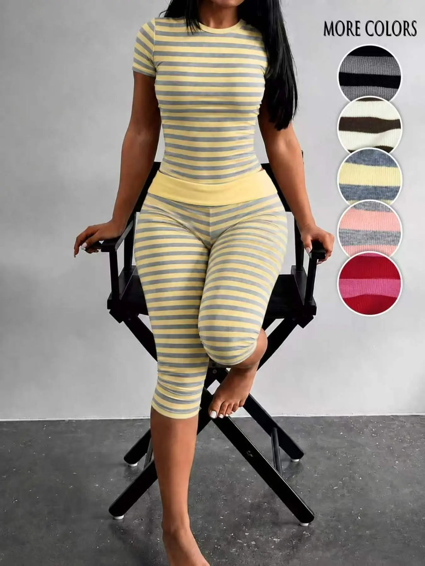 Yellow Grey Striped Two Piece Loungewear Set Crew Neck Short Sleeve Slim Crop Top High Waist Capri Leggings Stretch Fitted Matching Outfit ideal for home relaxation gym training grocery runs and casual everyday all season comfy outfits