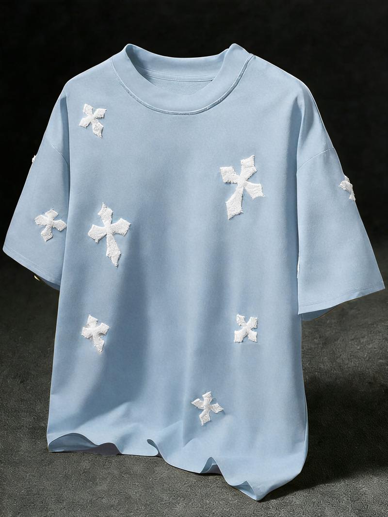 Men's Cross Stitch Embroidered Solid Color Round Neck T-Shirt, Casual Fitted Long Sleeve Top for All Seasons, Sporty College Style