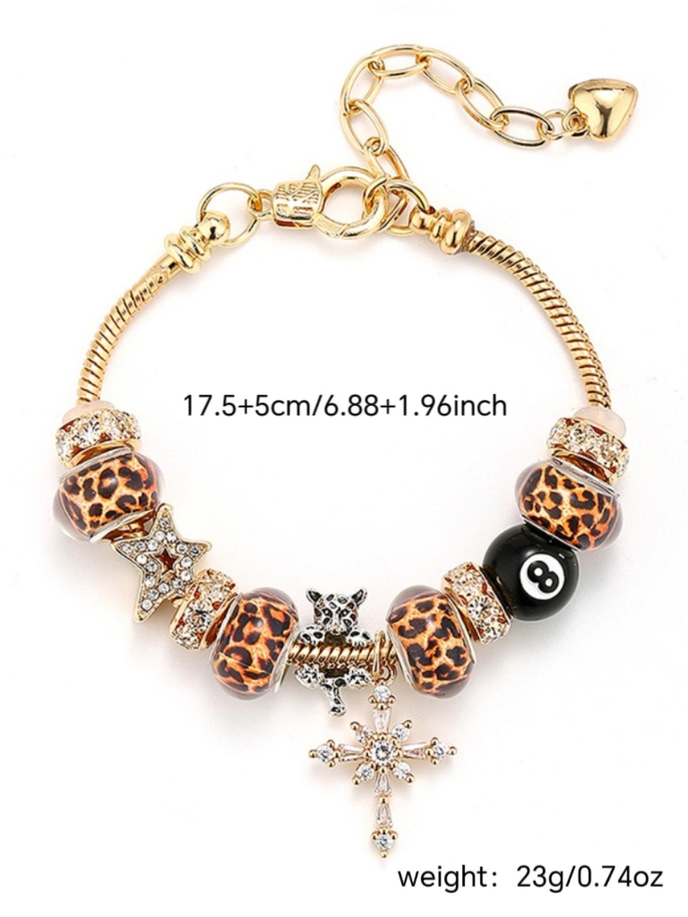 Stainless Steel Zircon Adjustable Beaded Bracelet - Gold Star, Leopard Print, Cross & Black 8 Bead Charm Chain,Couple's Daily Wear ,Meaningful Gift Choice , Guardian-Themed Layering Accessory, Stackable Bracelet