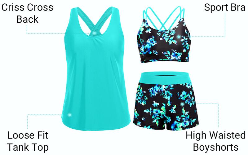 Holipick Three Piece Tankini Set Swimsuits for Women Bathing Suits Swim Tank Top with Bra Boy Shorts Teens Girls Swimwear