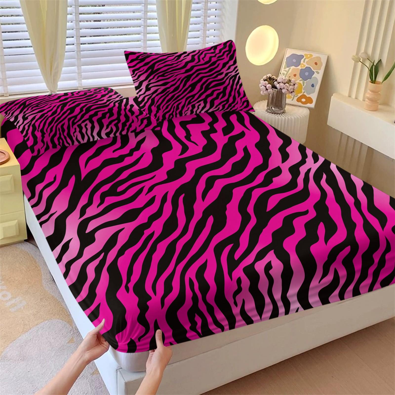 Black & Pink Zebra Print Fitted Sheet Set, 1 Bed Fitted +2 Pillowcases No Core, Hot Pink Base with Black Zebra Print, Y2K Millennial Style Bedding Non-Slip, Soft Breathable Fabric, Girls Bedroom Decor
