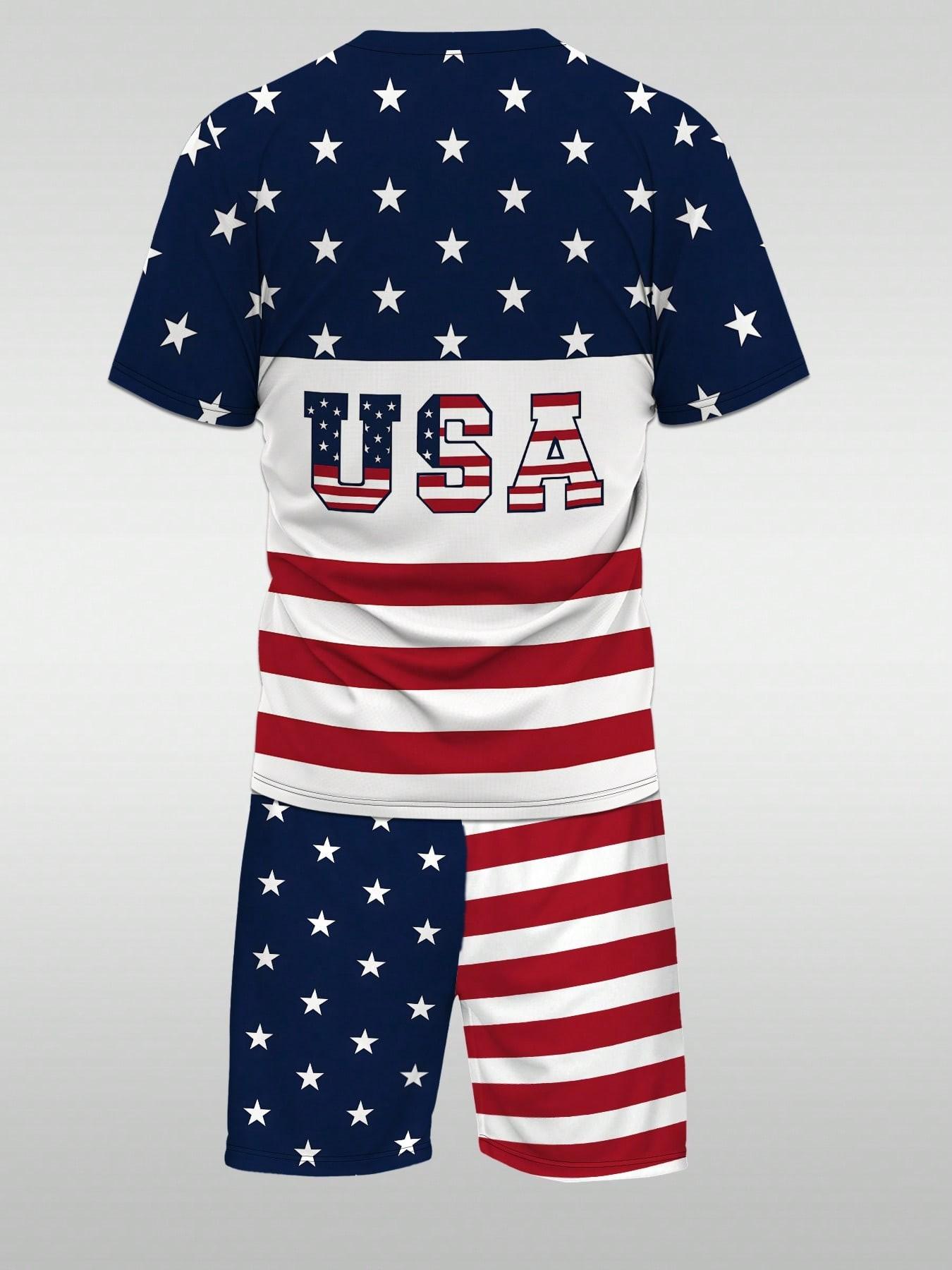 Men's Colorblock Usa Flag Pattern Casual T-Shirt and Shorts Set, Polyester Knit Stretch, Fitted, Summer 2-Piece