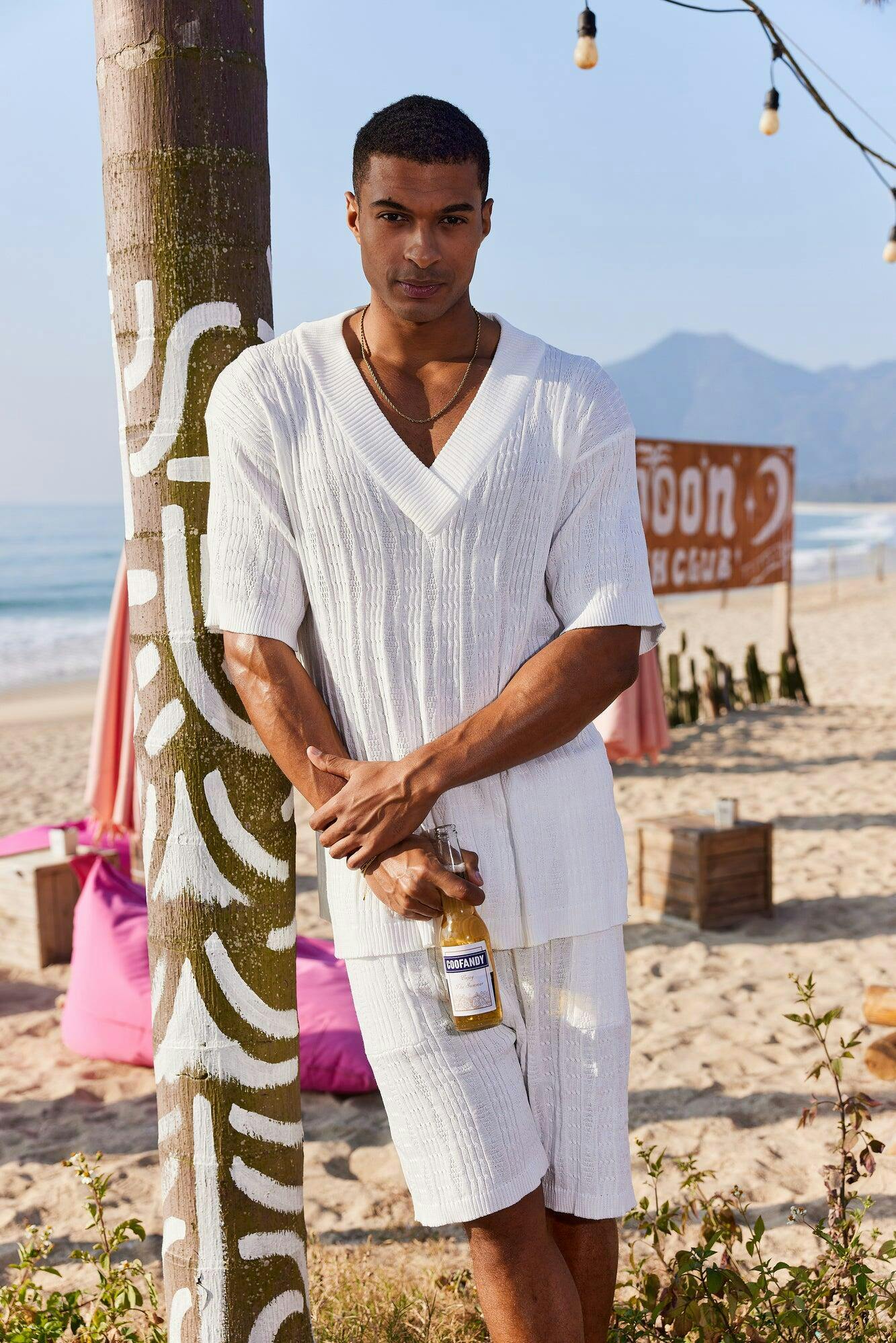 COOFANDY Casual Cable Knit T-shirt Set Stylish V-neck Short-Sleeves Drop-Shoulder