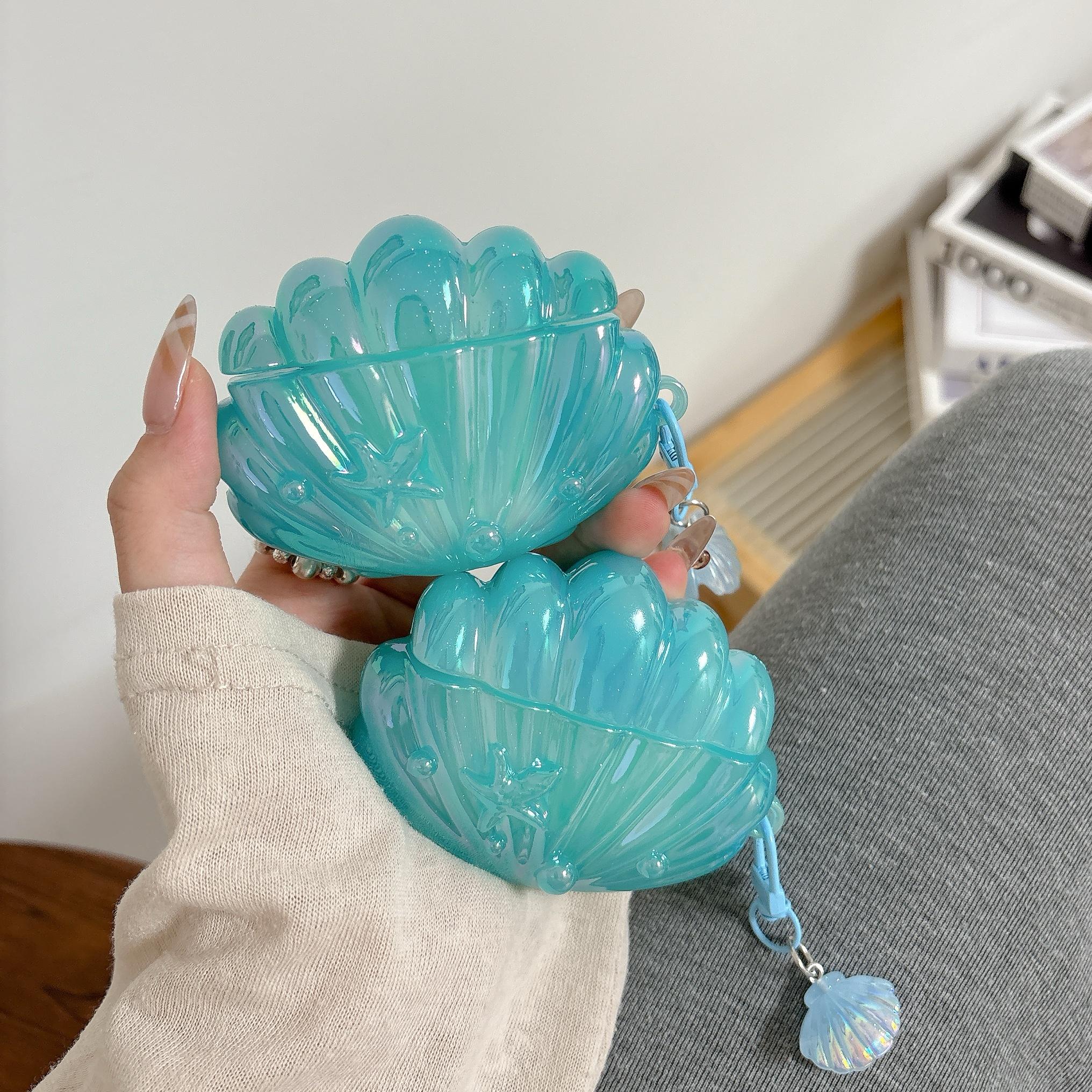 AirPods 4 & Pro3 Earphone Case, Blue Shell Style, Electroplating Process, Protective Case for Girls, Sea Shell Pendant Design