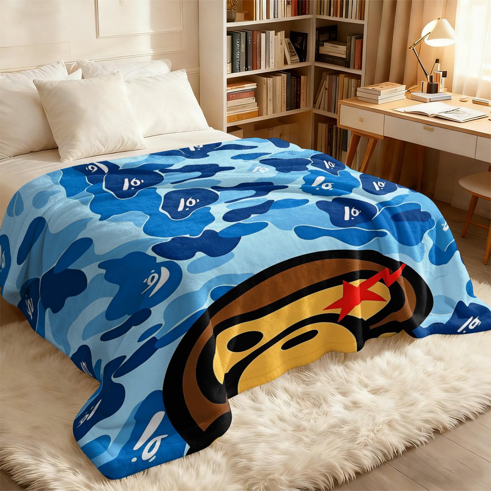 Blue Camouflage Cartoon Ape Red Star Lightning Bolts Flannel Blanket, Soft and Lightweight Durable, Ideal for Bedroom Dorm Gaming Room Decor, Sofa Throw Cover, Office Nap Mat, Car Cover Blanket and Cool Gift