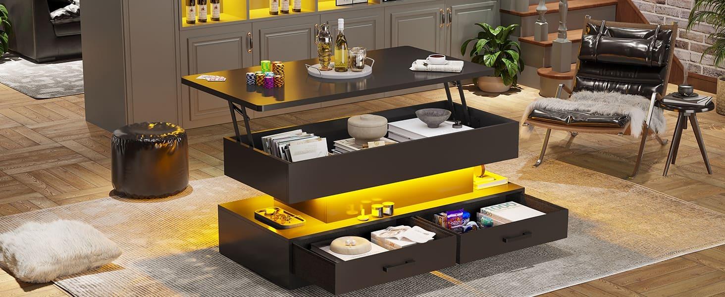 Sikaic 40 Inches Lift Top Coffee Table With 2 Fabric Drawers And LED Light