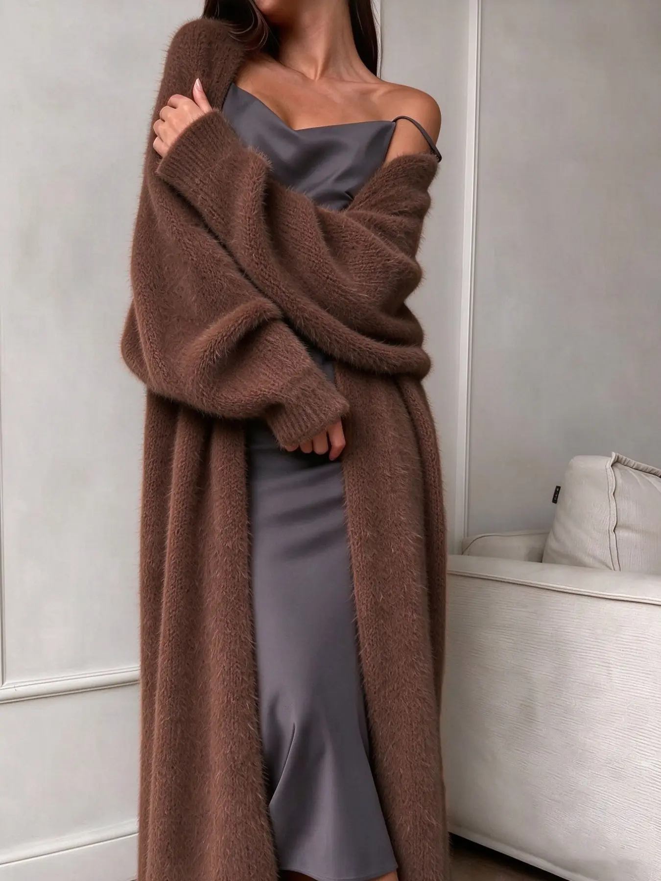 Women's Long Sleeve Sweater Coat, Loose-Fit Plush Knitwear, Thickened Fuzzy Jacket, Casual Warm Outerwear for Fall Winter