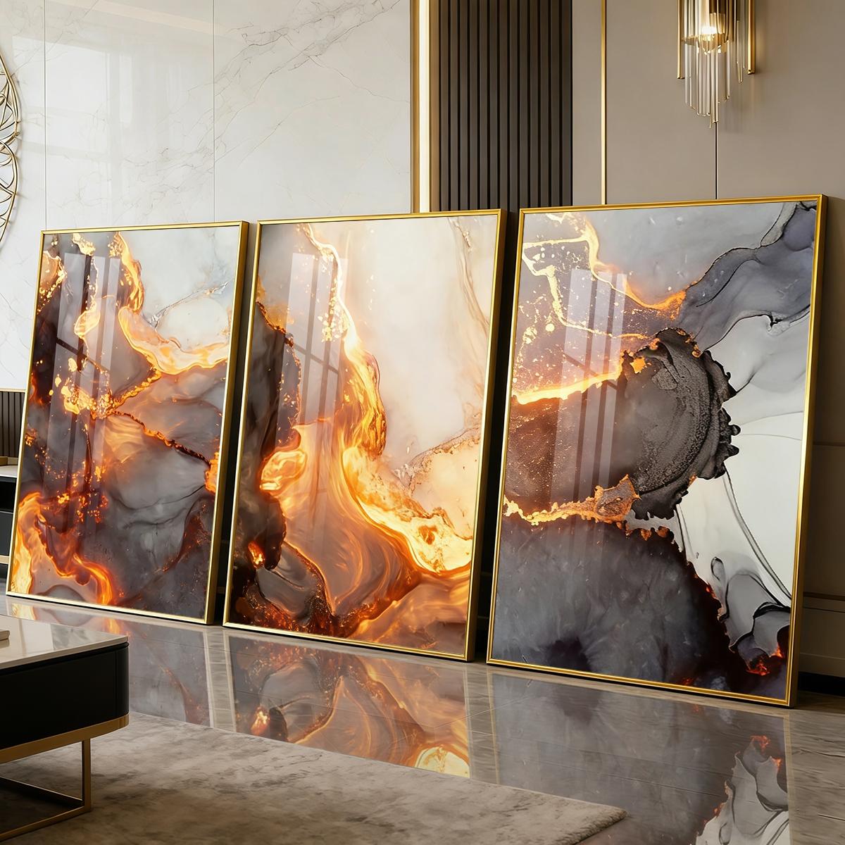 3 Counts Aluminum Alloy Framed Painting, Abstract Golden Lava Flow Pictures, Home Decoration For Living Room, Bedroom, Office, Restaurant, Hallway Wall Decor, Odorless Print Artwork, Luxury Perfect Gift For Friends And Family
