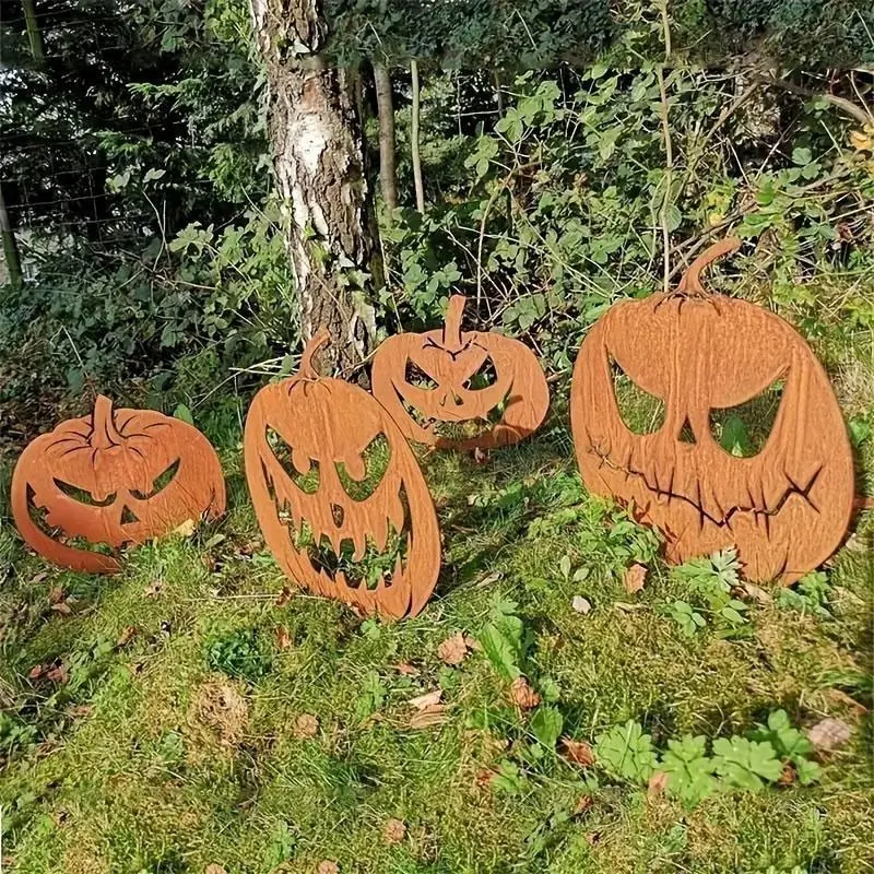 4 Vintage Metal Halloween Pumpkin Garden Plaques, Festive Spooky Jack Lantern Signs, Outdoor Fall Art Statues for Garden, Lawn, Patio Decor