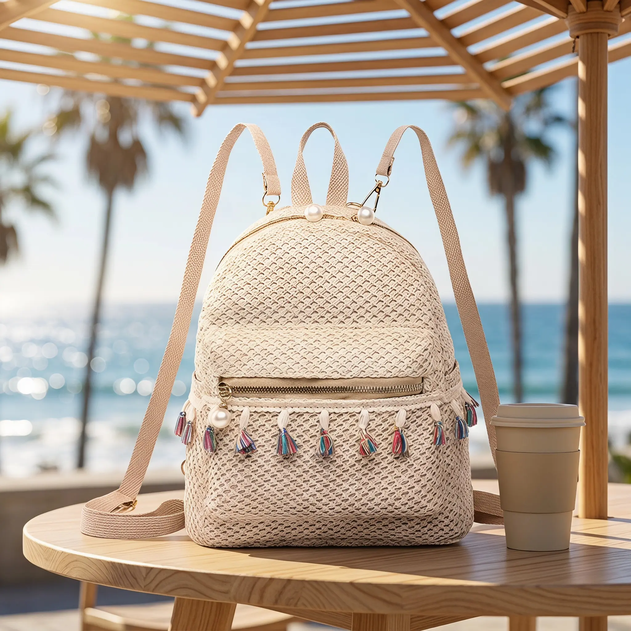 Women's Fresh Sweet Straw-Woven Backpack, Korean-Style Minimalist Casual Travel Schoolbag with Zipper, Buckle, Polyester Lining - Light Khaki/Dark Khaki, Everyday Essential Backpacks for School tiktokshopbacktoschool
