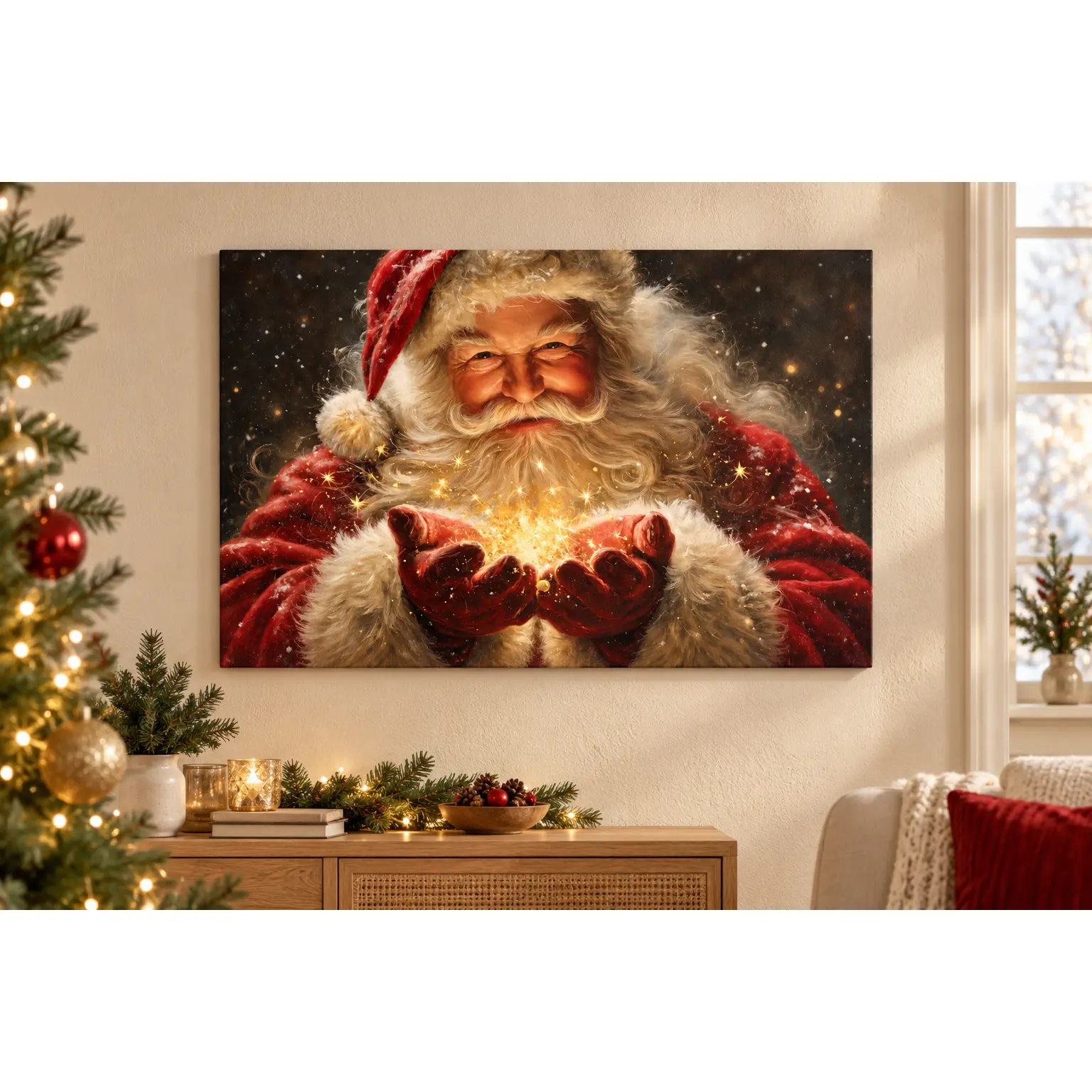 Vintage Santa Claus Hands Canvas Poster - Lightweight, Fluffy, Wood-Accent, Golden Sparkles, Snowflake Winter Scene - Artistic Festive Look Holiday Wall Artwork Christmas Home Decoration for Living Room, Bedroom